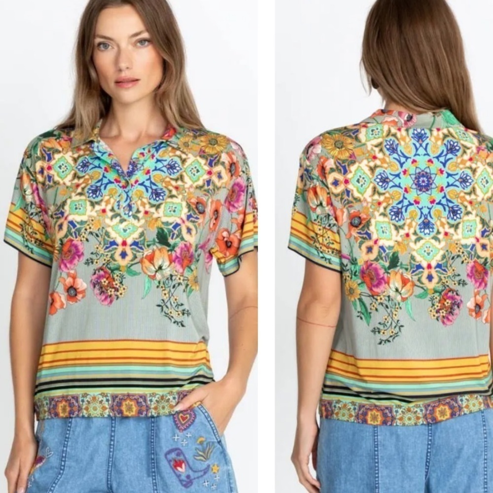Johnny Was Hunter Short Sleeve Polo Shirt Colorful Collared Button Up Top SZ S